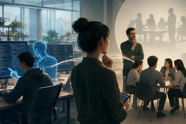 AI-assisted software engineer reviewing code in an Airbnb-themed editorial illustration