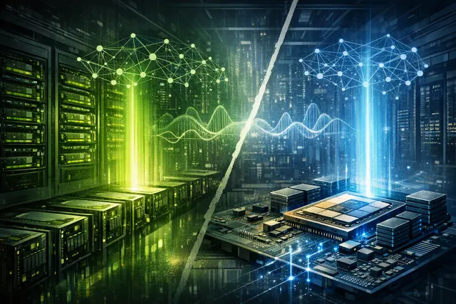 Conceptual illustration of Qualcomm High Bandwidth Compute with stacked memory and an AI data center