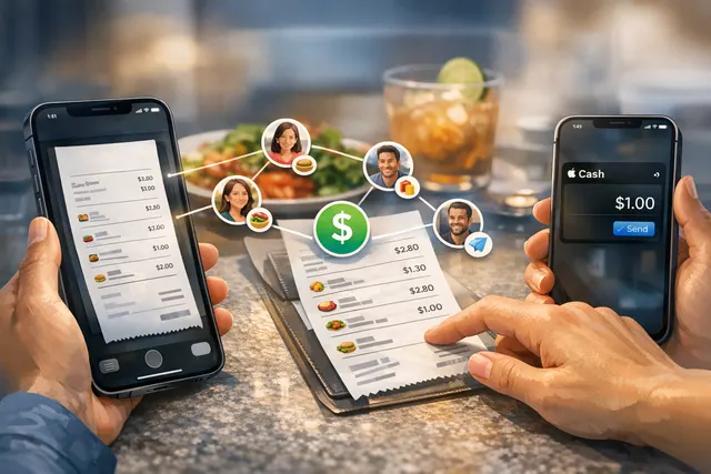 Illustration of an iPhone scanning a restaurant receipt with Apple Cash bill-splitting interface