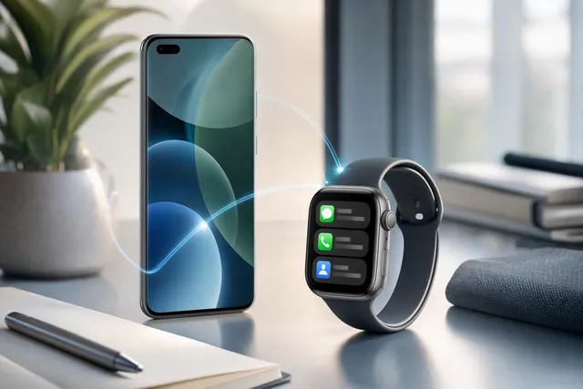 华为手机与 Apple Watch 通过鸿蒙星河互联应用连接的概念示意图
