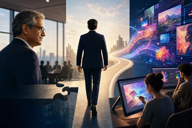 Editorial illustration of Adobe’s leadership transition and AI growth strategy