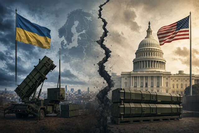 AI-generated editorial illustration for a report on delayed Patriot missile transfers to Ukraine