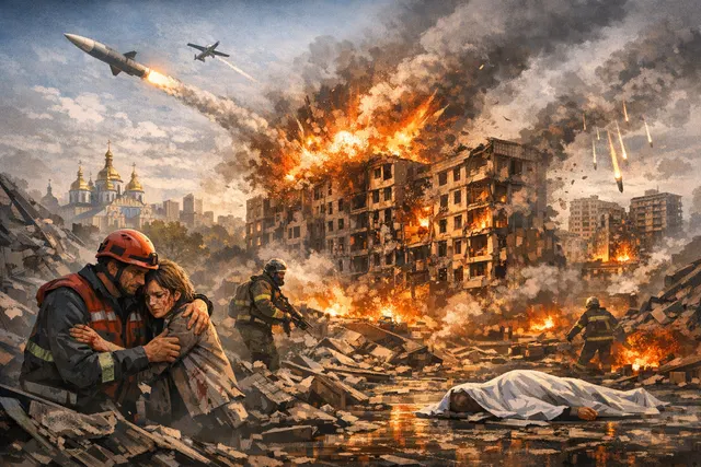 Aftermath of a major missile and drone strike in Kyiv with damaged buildings and emergency workers on site.