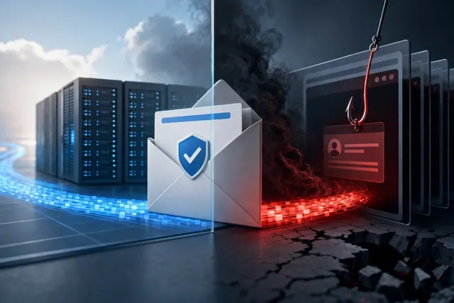 Illustration of an authenticated phishing email leading through concealed redirect layers to a browser-based fraud page