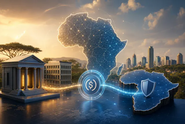 Illustration of stablecoin-powered payment settlement connecting African banks and global networks