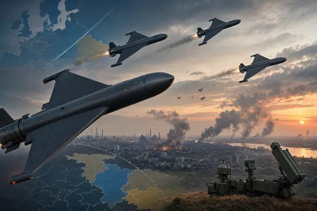 Editorial illustration of Russia’s jet-powered Geran attack-drone threat and Ukraine’s air-defense response