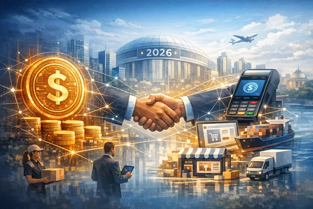 Visual representation of the Coinbase and Checkout.com partnership for stablecoin merchant payments in 2026