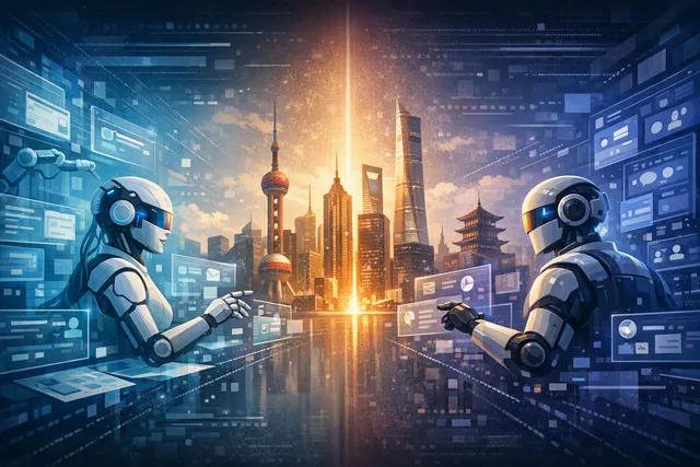Illustration of ByteDance Doubao Work competing with Tencent WorkBuddy in an AI-powered office