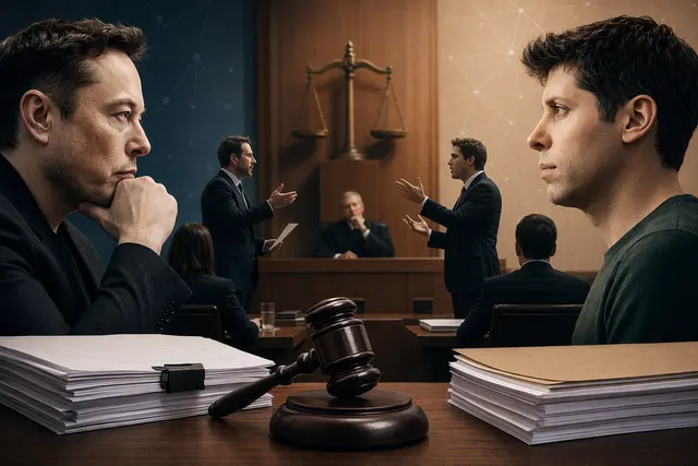 Illustration representing the courtroom clash between Elon Musk and OpenAI over the company’s nonprofit origins and shift to a for-profit structure