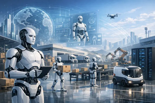 Humanoid and industrial robots operating across a connected retail, warehouse, and service infrastructure
