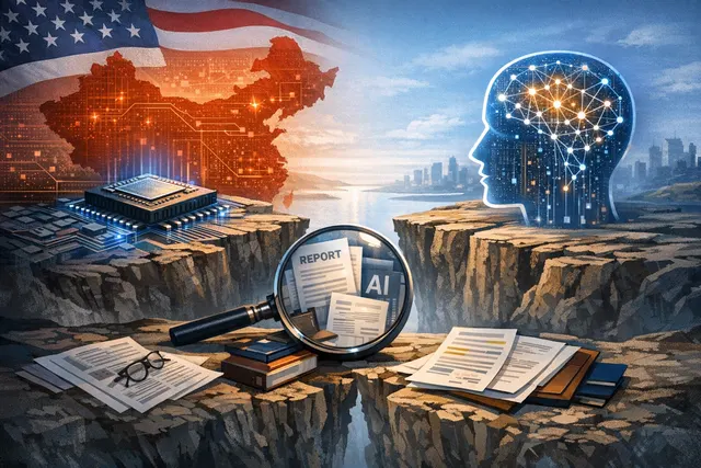 A conceptual illustration showing a high wall around computer chips while a digital gateway labeled 'AI Models' remains open, with flags of the United States, China, and Singapore