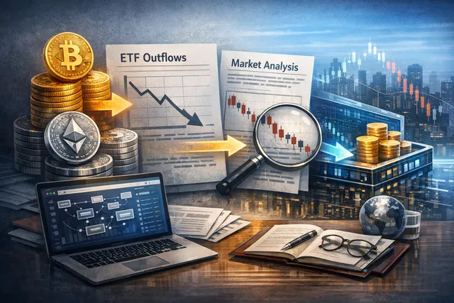 Digital illustration of Bitcoin and Ethereum coins on a downward chart with the BlackRock logo in the background, representing ETF outflows and price decline.
