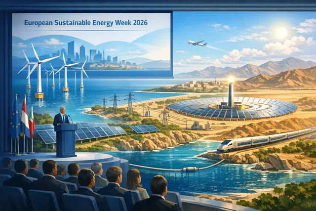 A stylized map of the Mediterranean region glowing with interconnected energy grid lines, symbolizing the EU's new T-MED renewable energy cooperation initiative.