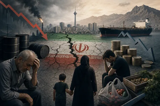 Editorial illustration representing Iran’s economy under pressure from war, sanctions and currency instability