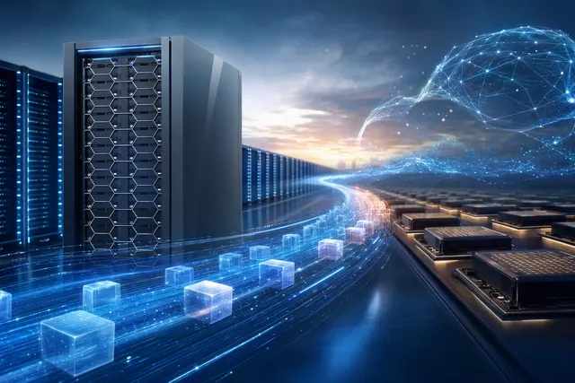AI-generated editorial illustration accompanying an article about Huawei OceanStor M900 and shared KV-cache storage