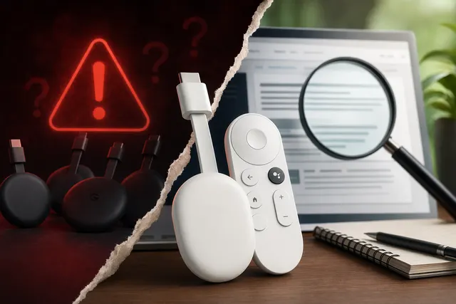 Chromecast streaming device with a warning symbol representing confusion about support updates