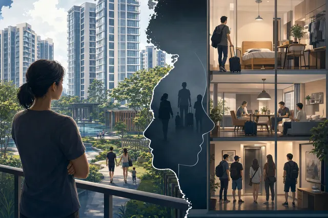 AI-generated illustration accompanying a story about co-living in Singapore condominiums