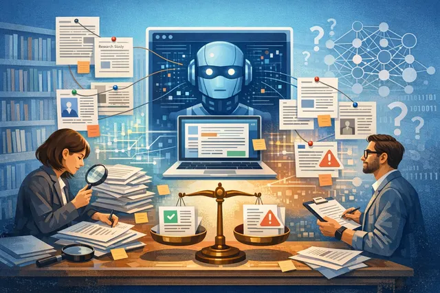 A researcher working with AI tools on a laptop, reviewing literature and data screens