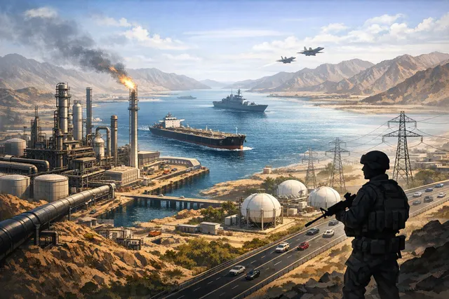 A conceptual image of an oil tanker navigating the Strait of Hormuz with a global map and financial charts in the background