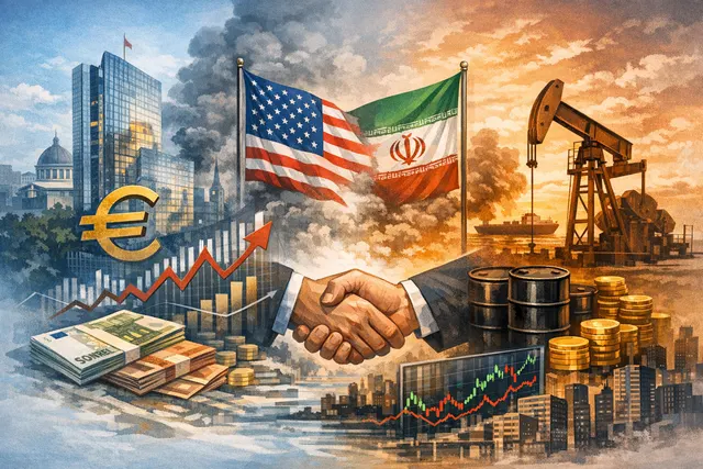 A split-map visual showing the Strait of Hormuz, oil tanker traffic, and market trading charts, representing the economic impact of the US-Iran ceasefire negotiations.