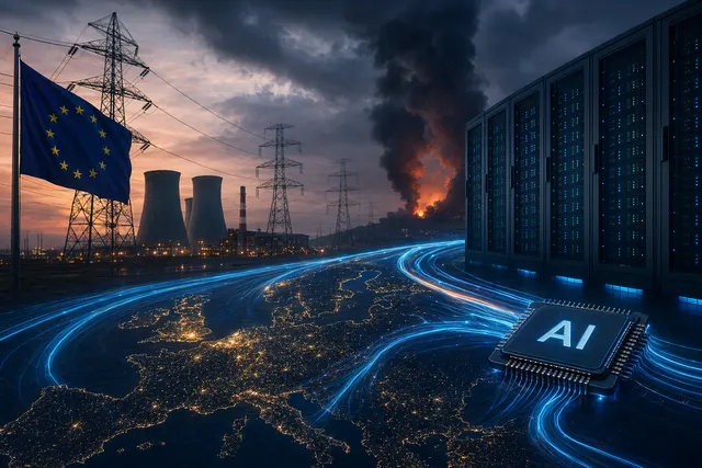 Illustration of European AI data centers and electricity infrastructure highlighting the energy challenge for AI development