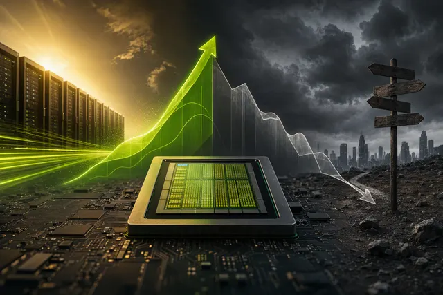 AI-generated editorial illustration for an analysis of Nvidia’s stock valuation and AI chip sales