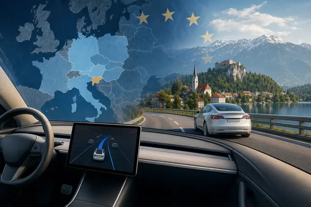Tesla vehicle driving on a European road, illustrating the FSD (Supervised) rollout in Slovenia and Europe