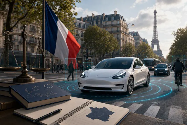 Editorial illustration of a Tesla on a French road during a supervised driver-assistance test