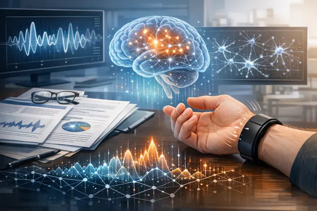 AI-generated conceptual illustration of a wrist-worn neural sensing device connected to a digital interface, representing Wearable Devices' Mudra technology and Large MUAP Model as