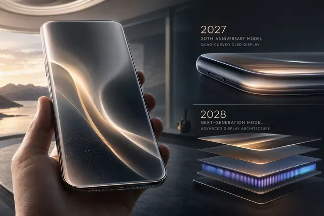 Concept illustration of an iPhone with a quad‑curved OLED display wrapping around all four edges