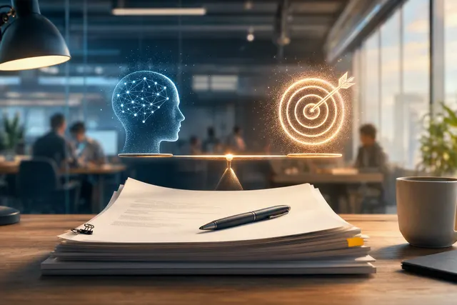 Illustration of a software engineer weighing AI suggestions against their own judgment at a computer