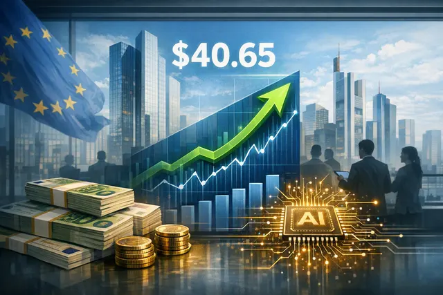 Illustration of Deutsche Bank shares rising alongside a financial artificial-intelligence dashboard