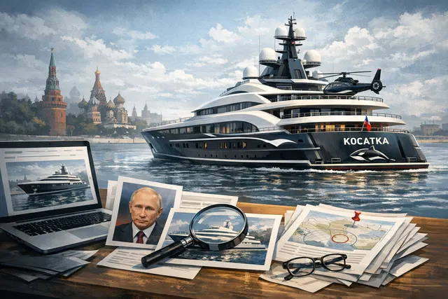 AI-generated image of a large luxury superyacht sailing on open water under overcast skies, representing the vessel Kosatka (formerly Graceful) linked to Vladimir Putin.