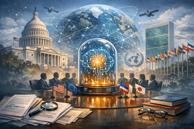AI-generated editorial image representing a global AI governance proposal with world leaders and technology interface elements