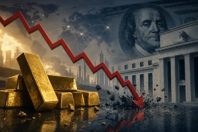 Gold bars with falling price chart illustrating gold price decline amid rising yields and dollar strength