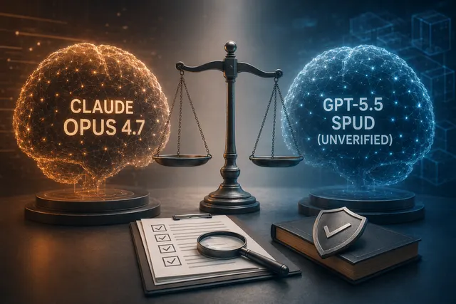 Abstract editorial image comparing Claude Opus 4.7 and GPT-5.5 Spud through an AI governance lens