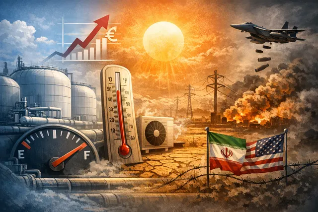 A visual metaphor for Europe's 2026 gas storage crisis, showing a gas gauge at a critically low level with symbols of a heatwave, a blocked Strait of Hormuz, and Asian LNG competit
