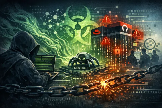 Digital illustration of a worm-shaped supply chain attack spreading through interconnected code repositories, with the word Miasma visible in the visualization.