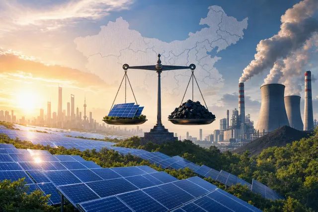 Solar panels and transmission infrastructure illustrating China’s solar capacity surpassing coal