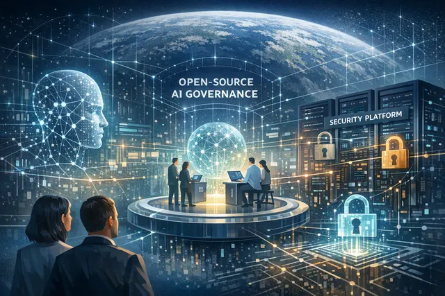 Abstract digital representation of AI governance and open-source security workflow connecting policy documents to production deployment configurations