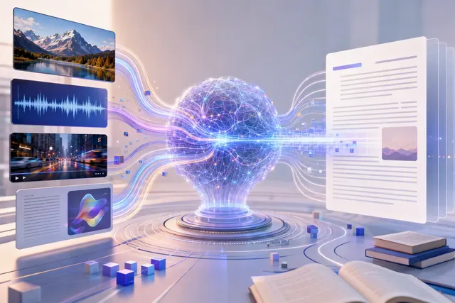 Editorial illustration representing Qwen3.8-Omni-Flash processing text, images, audio, and video