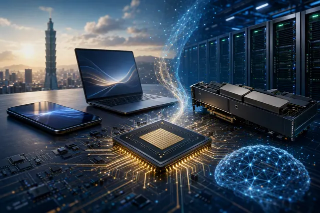 Editorial illustration of MediaTek’s expansion from mobile chips into AI PCs and data-center infrastructure