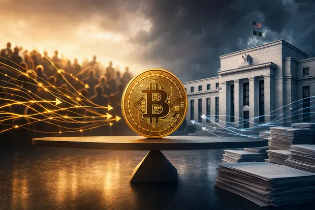 Editorial illustration of Bitcoin rising against a backdrop of Federal Reserve rate decisions and Treasury yields