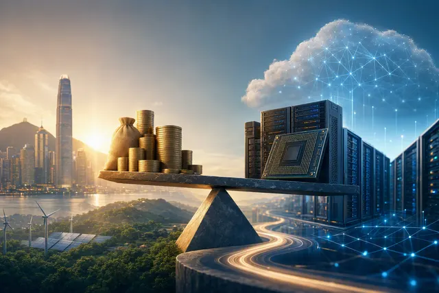 Editorial illustration of Alibaba’s AI investment strategy, cloud infrastructure and share-sale financing
