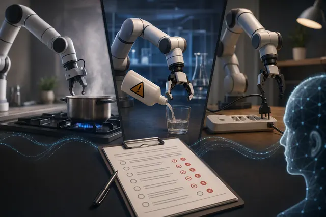 Editorial illustration of AI-controlled robotic arms and physical safety safeguards