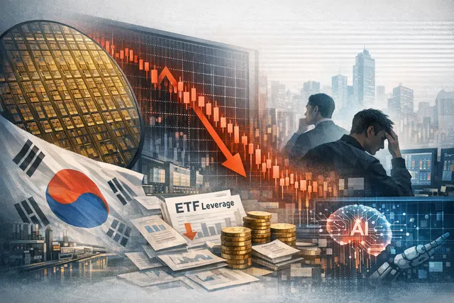 Graphic illustration of the June 2026 global tech selloff with cascading arrows from South Korea to global markets, featuring circuit-breaker icons and leveraged ETF symbols.