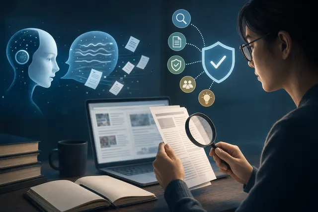 一個人用放大鏡檢查 AI 產生的答案與來源，象徵查證 AI 幻覺