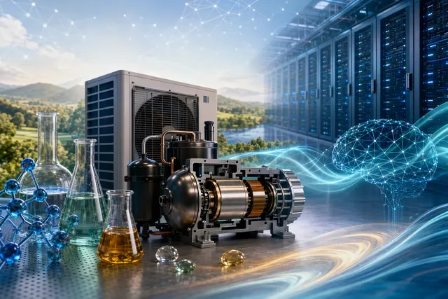 AI-generated editorial illustration accompanying an article about LG and SK Enmove’s cooling-technology partnership