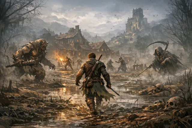 Stylized fantasy gameplay scene representing Fable’s Bowerstone city and haunted mine showcase