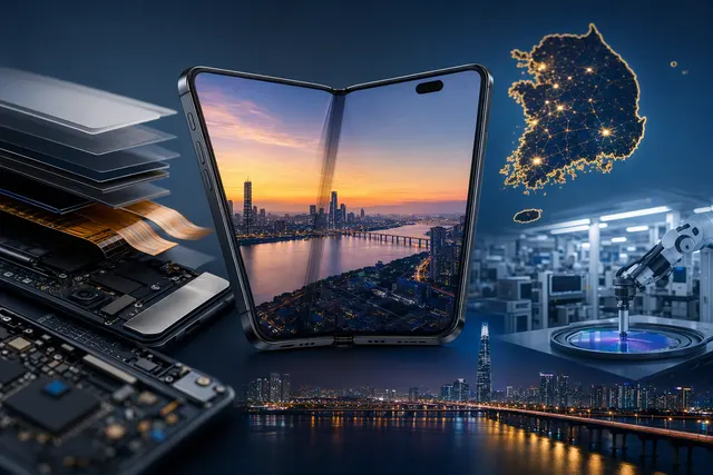 AI-generated editorial illustration accompanying an article about the iPhone Duo’s South Korean display supply chain